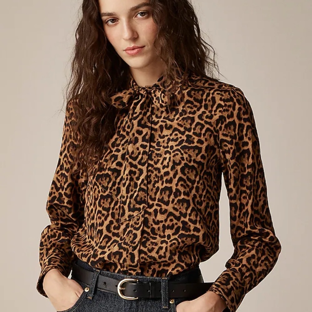 J. Crew Leopard Print Tie-Neck Blouse in Brown and Black